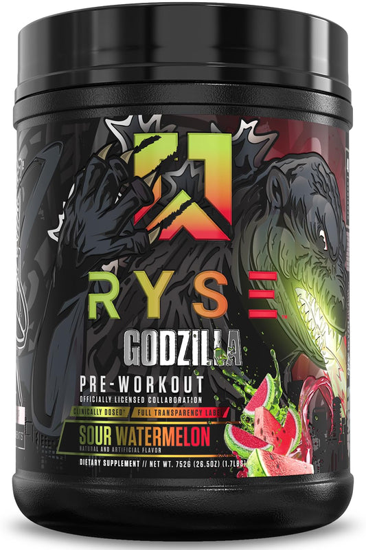 RYSE Godzilla pre-workout bottle front shows high-stim formula for intense training.
