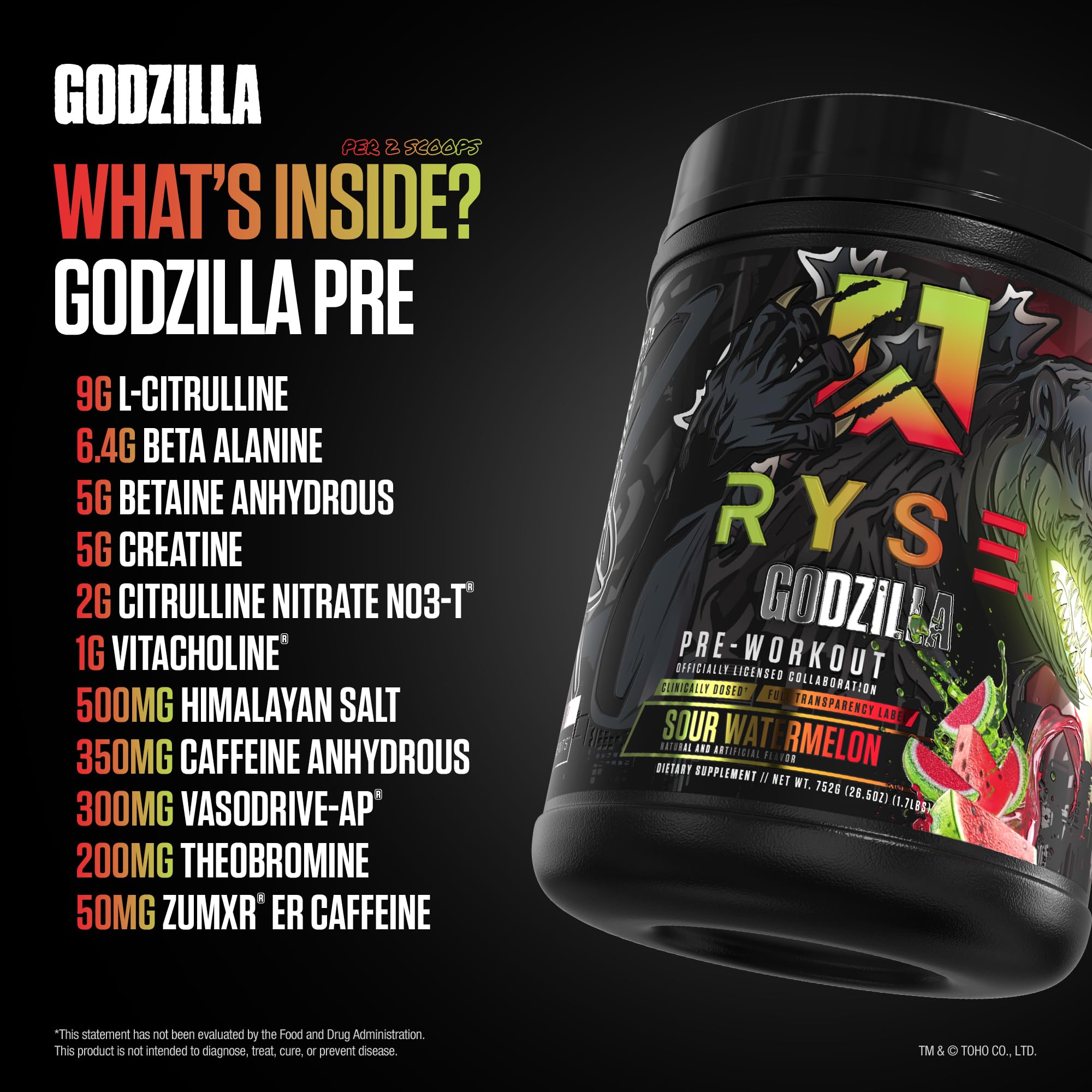 RYSE Godzilla graphic-back emphasizes Citrulline and Beta-Alanine for pumps.