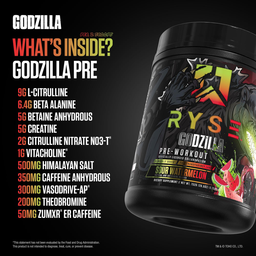 RYSE Godzilla graphic-back emphasizes Citrulline and Beta-Alanine for pumps.