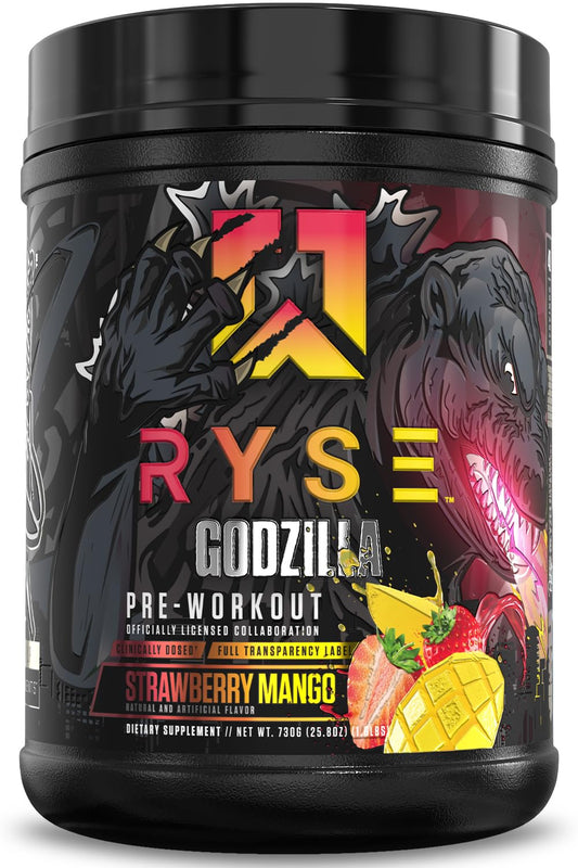 RYSE Godzilla pre-workout bottle front for quick energy before tough lifts