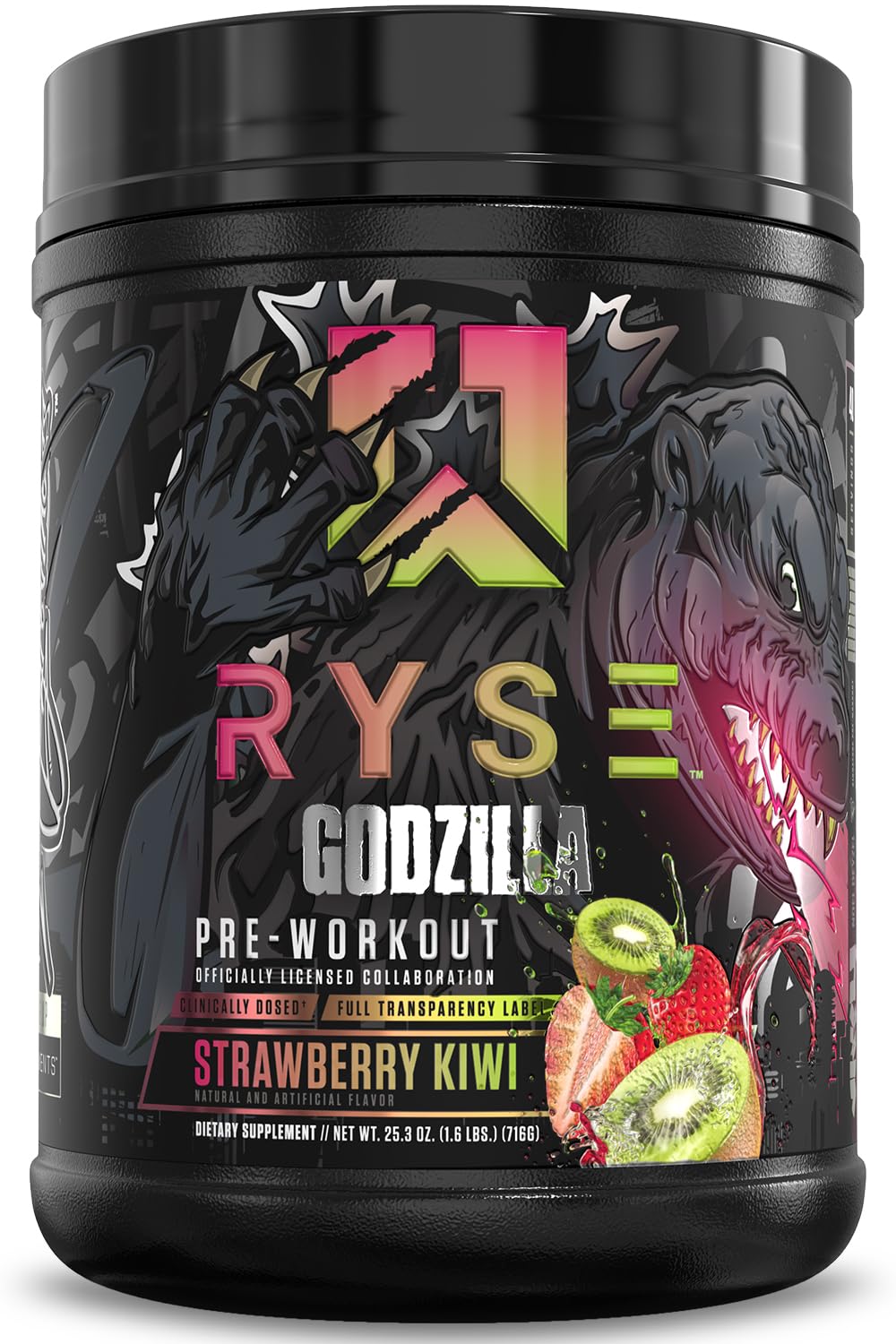 RYSE Godzilla pre-workout strawberry-kiwi powder boosts energy and focus