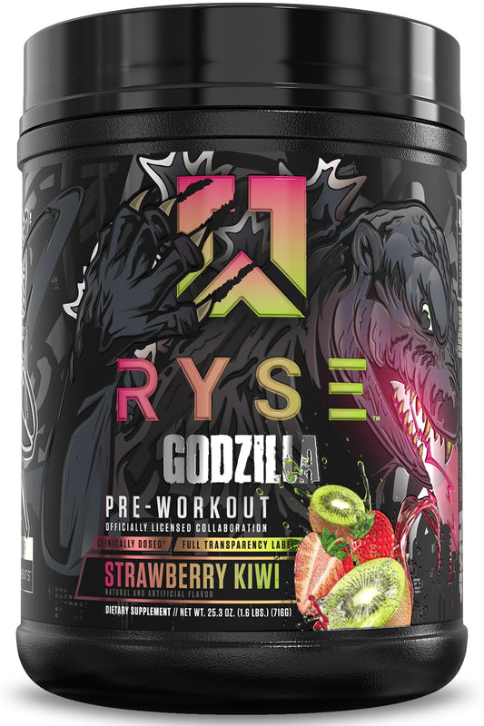 RYSE Godzilla pre-workout strawberry-kiwi powder boosts energy and focus