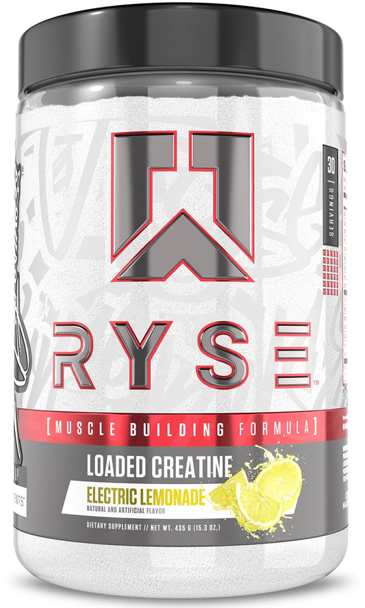 RYSE Loaded Creatine Electric Lemonade bottle front view showing flavor and performance support