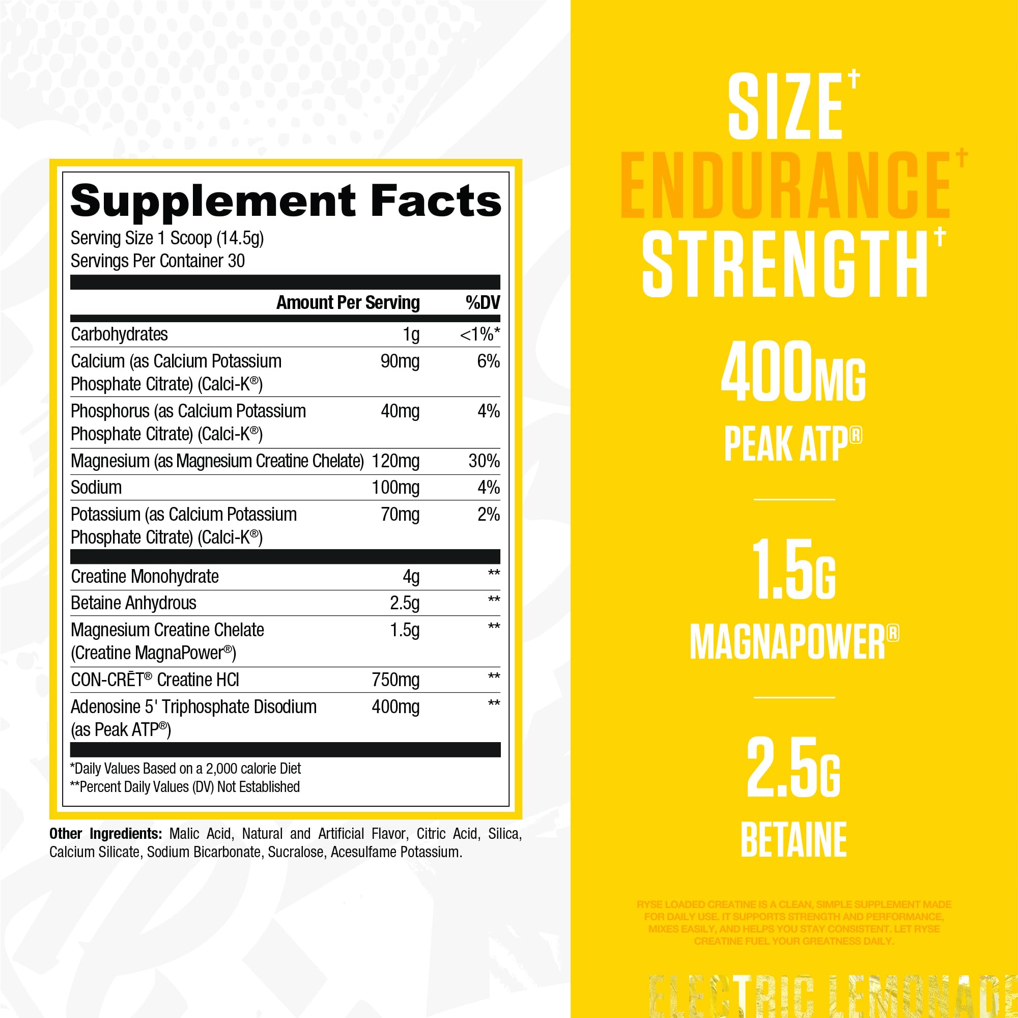 RYSE Loaded Creatine Electric Lemonade scoop dispensing powder for accurate pre-workout dosing