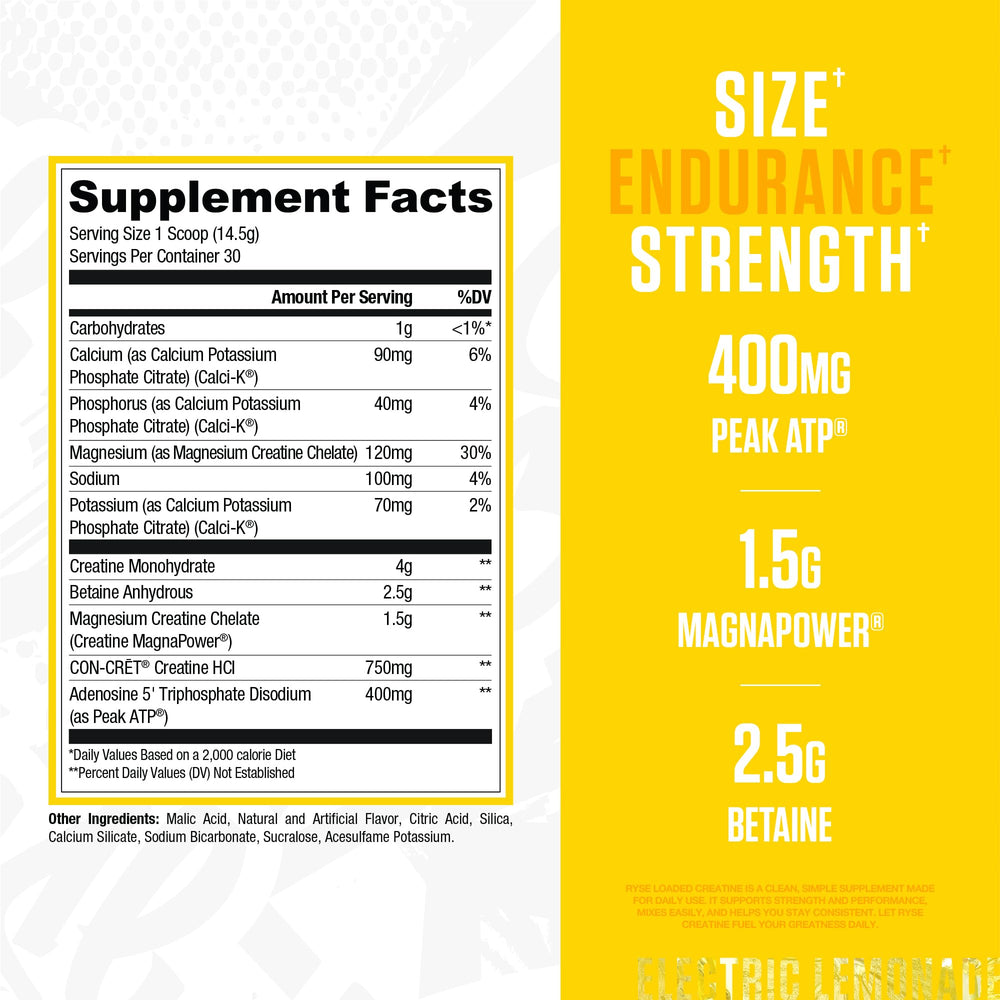 RYSE Loaded Creatine Electric Lemonade scoop dispensing powder for accurate pre-workout dosing