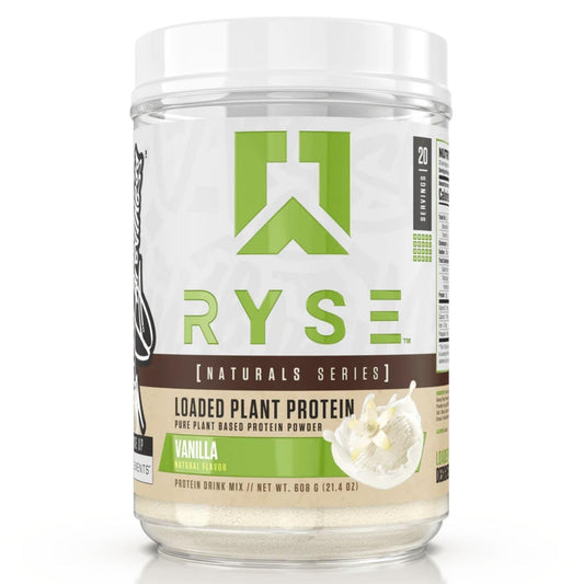 RYSE Loaded Plant Protein vanilla bottle highlights clean vegan protein for muscle recovery and sustained energy