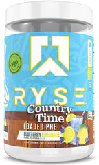 RYSE Loaded Pre Workout tub front with Country Time Blueberry Lemonade flavor for a clean energy boost