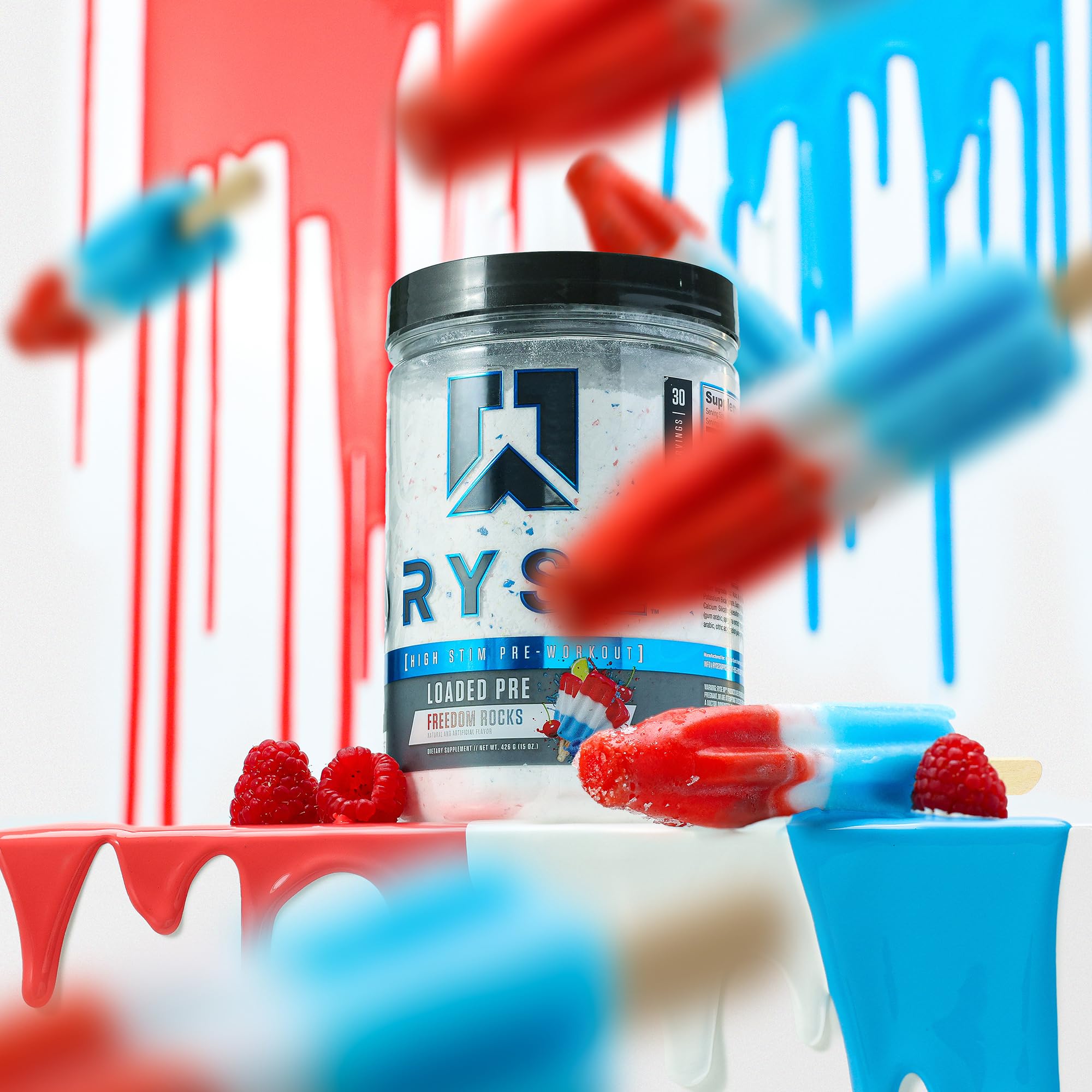 RYSE Loaded Freedom Rocks label close-up shows 30 servings and trusted formula