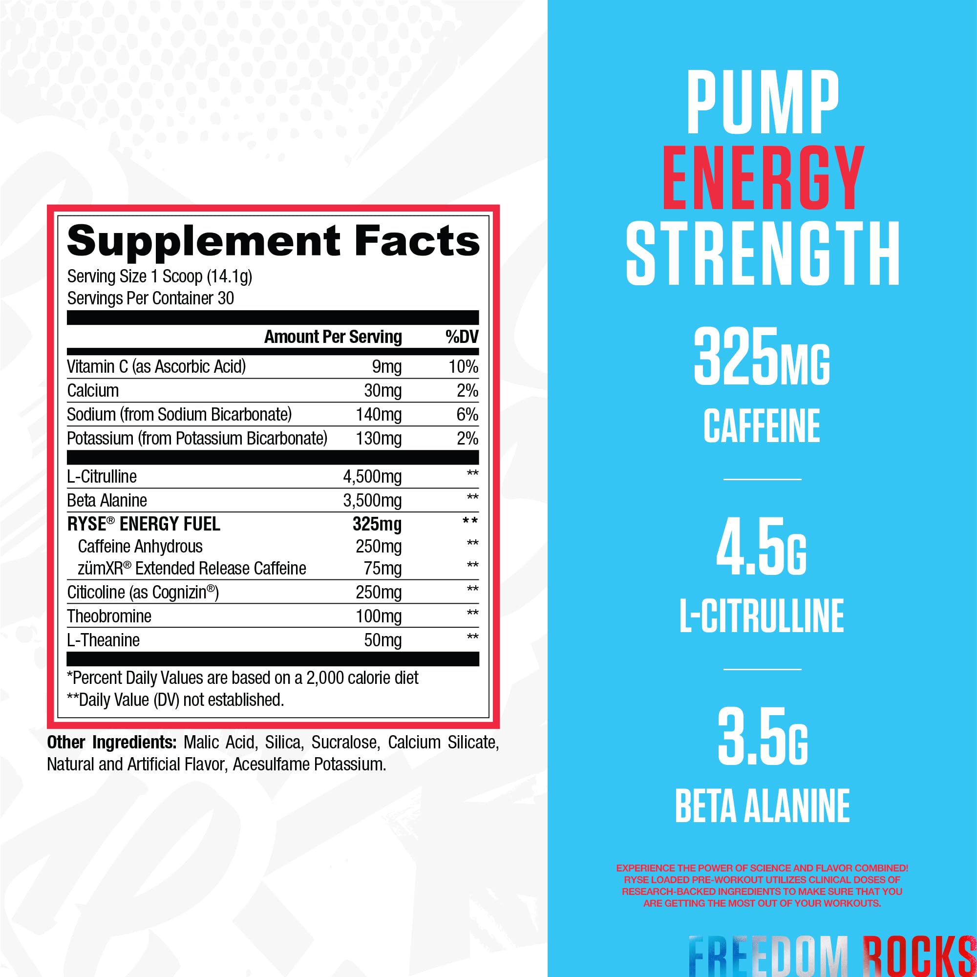 RYSE Loaded Freedom Rocks scoop beside water for convenient pre-workout fueling