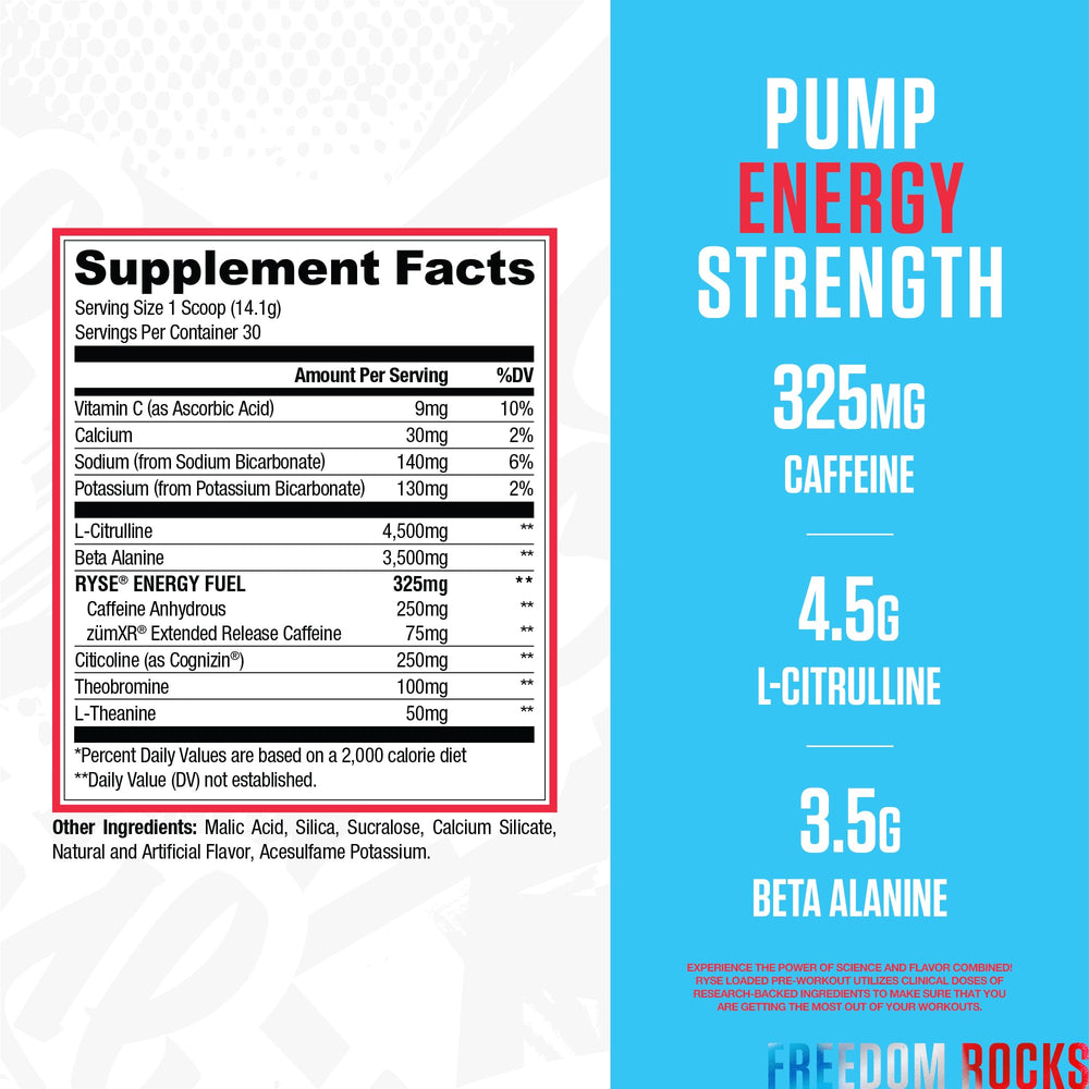 RYSE Loaded Freedom Rocks scoop beside water for convenient pre-workout fueling