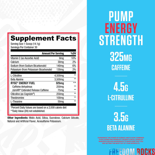 RYSE Loaded Freedom Rocks scoop beside water for convenient pre-workout fueling