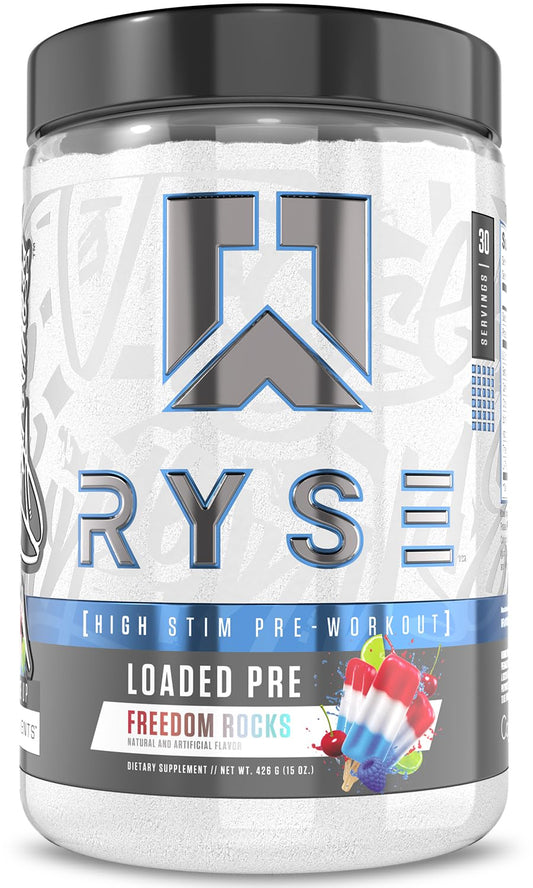 RYSE Loaded Pre Workout Freedom Rocks tub label highlighting focused training energy