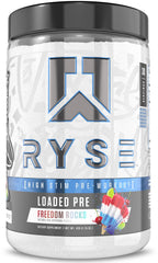 RYSE Loaded Pre Workout Freedom Rocks tub label highlighting focused training energy