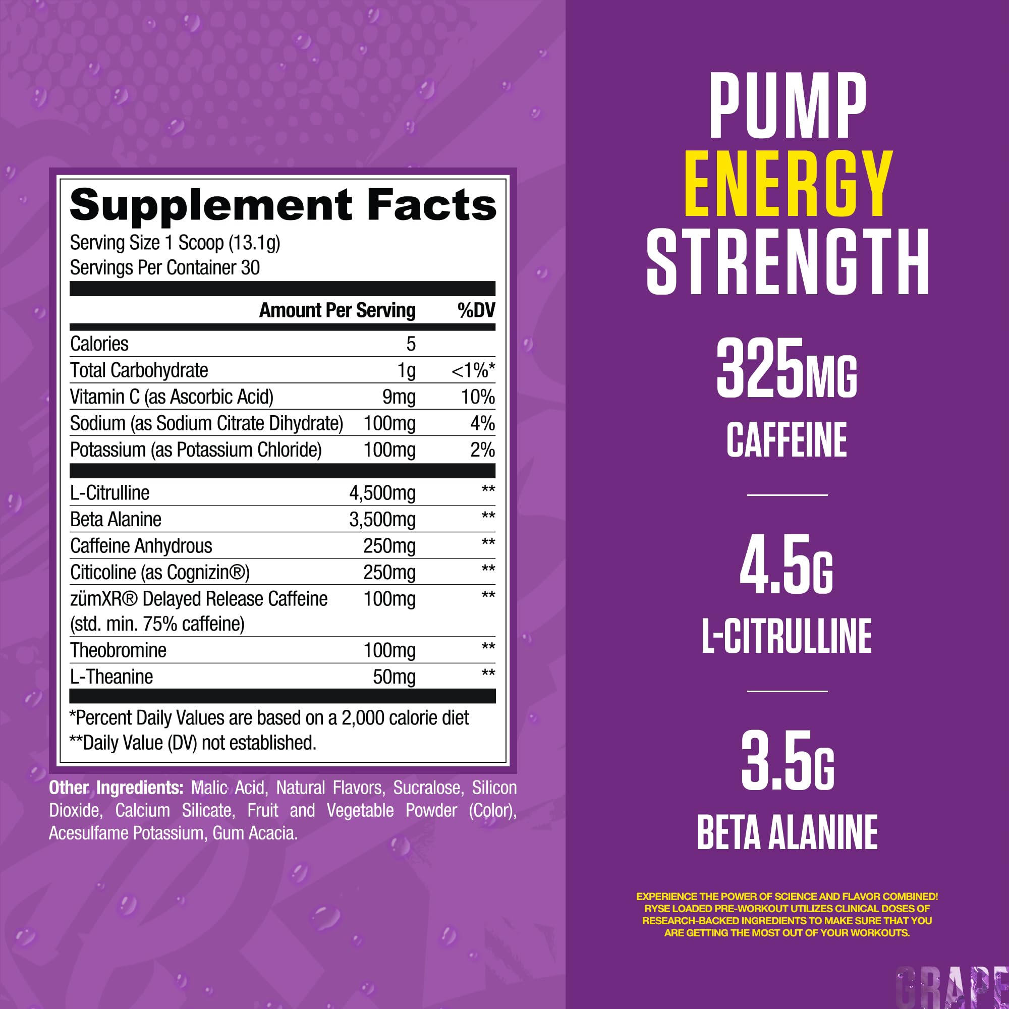 RYSE Loaded Pre Workout Kool-Aid Grape scoop dispensing powder for focused workouts