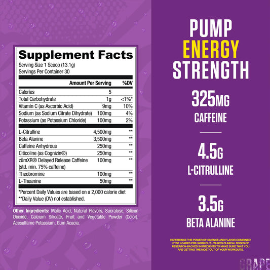 RYSE Loaded Pre Workout Kool-Aid Grape scoop dispensing powder for focused workouts