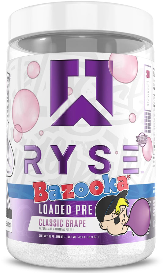 RYSE Loaded Pre Workout Bazooka Grape jar closeup highlights bold pump and focus