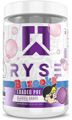 RYSE Loaded Pre Workout Bazooka Grape jar closeup highlights bold pump and focus