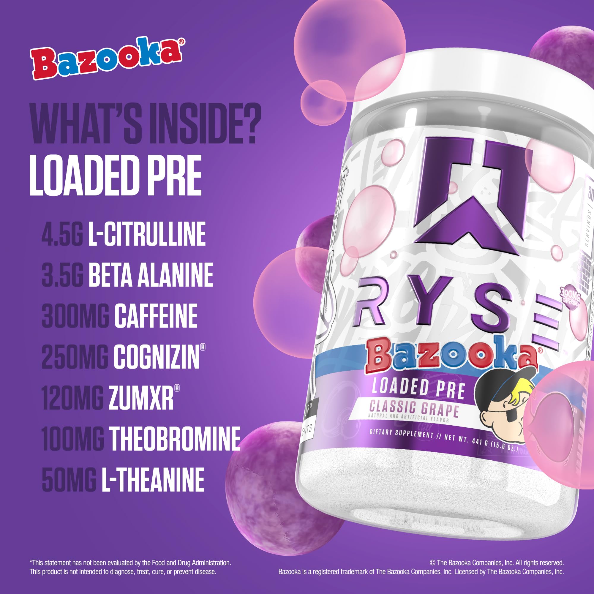 RYSE Loaded Pre Workout Bazooka Grape powder poured into glass for energy boost