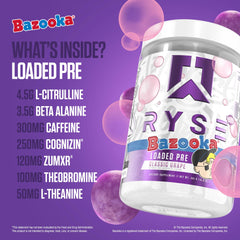 RYSE Loaded Pre Workout Bazooka Grape powder poured into glass for energy boost