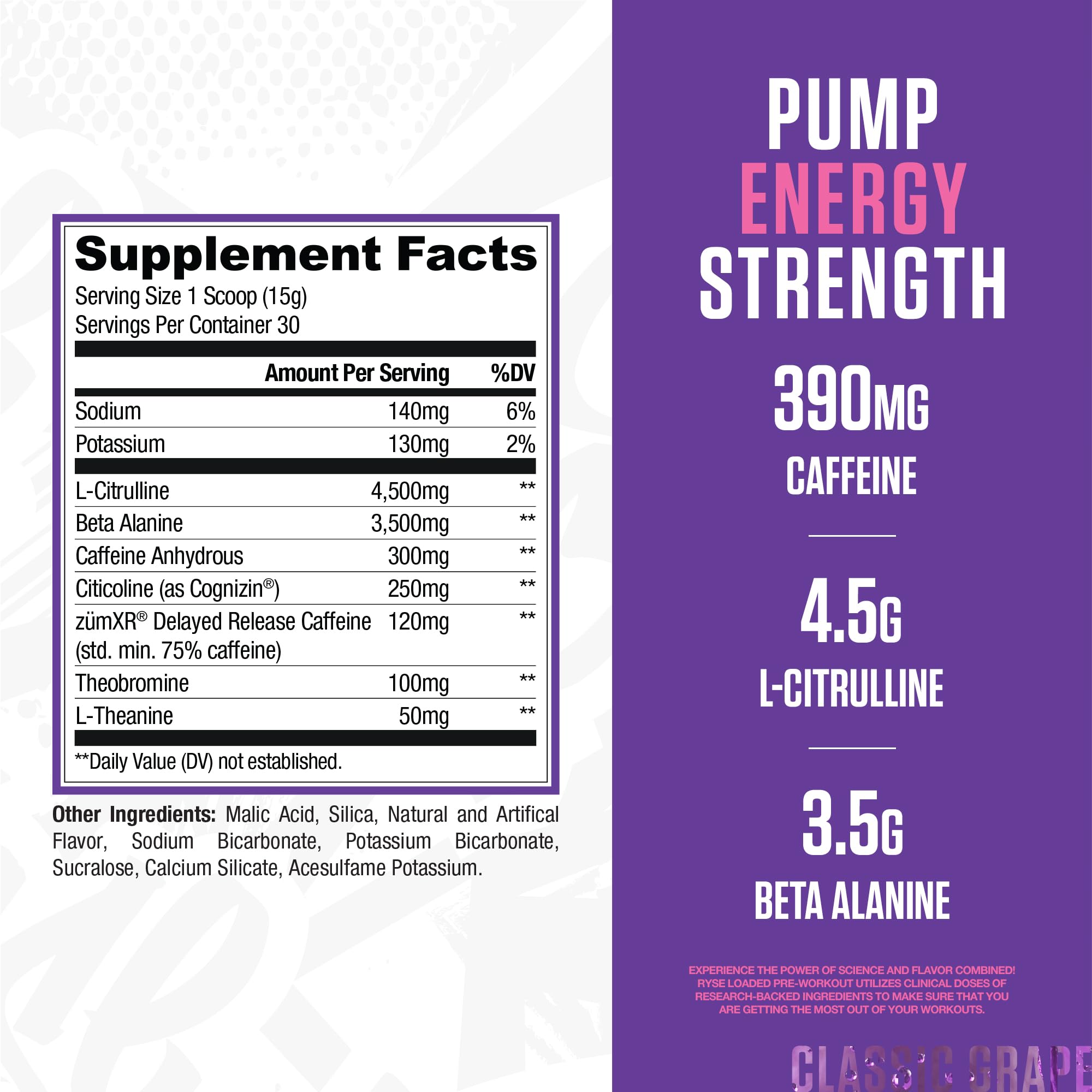 RYSE Loaded Pre Workout Bazooka Grape scoop dipping into powder for quick mix