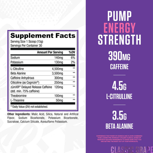 RYSE Loaded Pre Workout Bazooka Grape scoop dipping into powder for quick mix