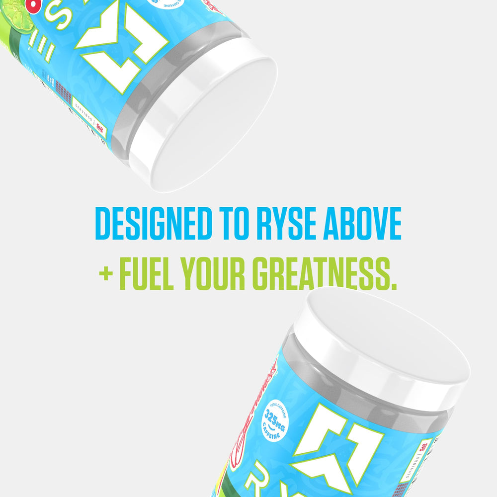 RYSE Loaded glass-with-powder image illustrates quick mix and ready-to-drink preparation.