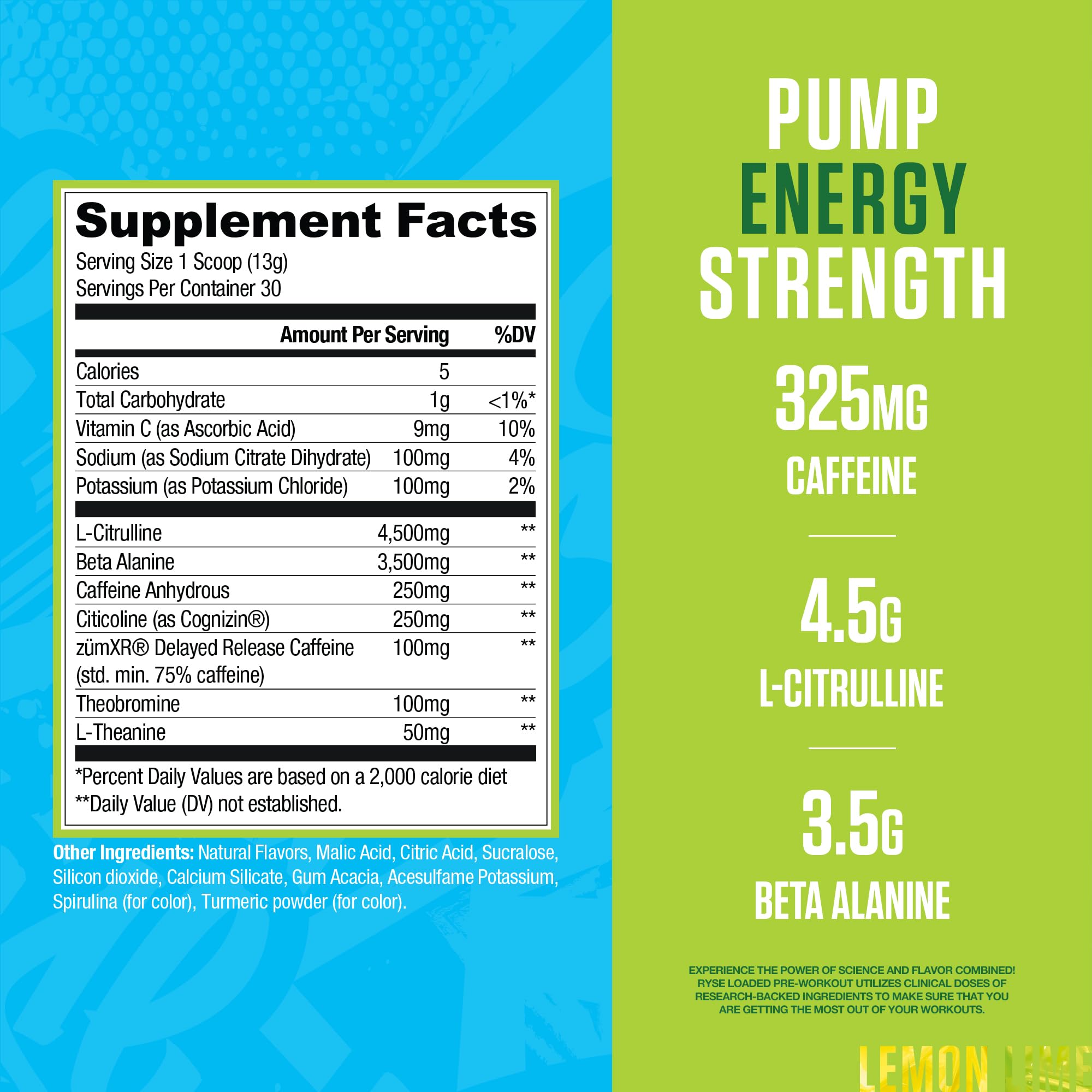 RYSE Loaded Pre Workout scoop-in-powder highlights Citrulline and Beta-Alanine for improved blood flow.