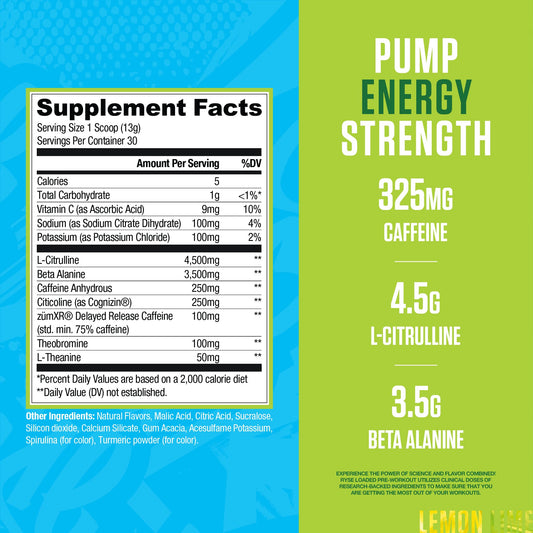RYSE Loaded Pre Workout scoop-in-powder highlights Citrulline and Beta-Alanine for improved blood flow.