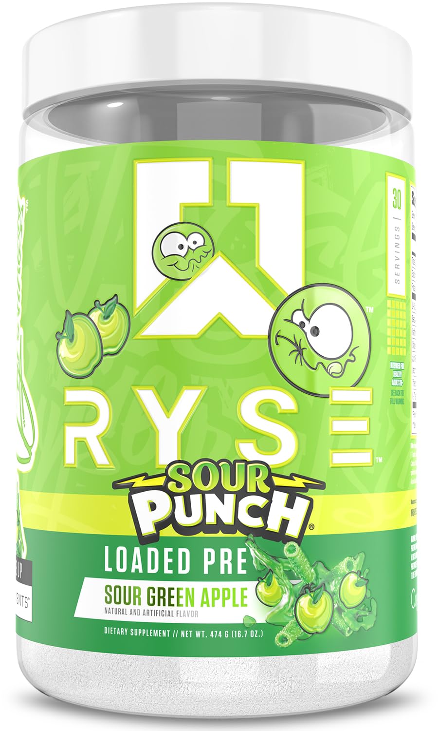 RYSE Loaded Pre Workout Sour Punch Green Apple label highlights ingredients and benefits.