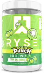 RYSE Loaded Pre Workout Sour Punch Green Apple label highlights ingredients and benefits.