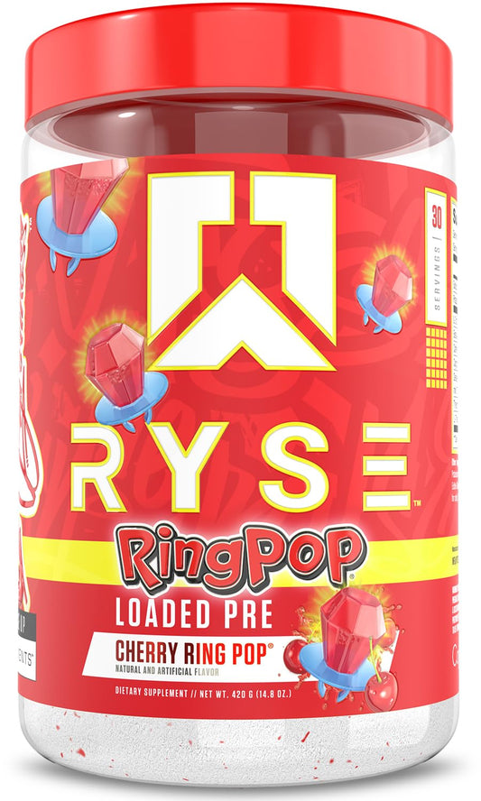 RYSE Loaded Pre Workout Ring Pop Cherry canister presents bold energy for workouts.