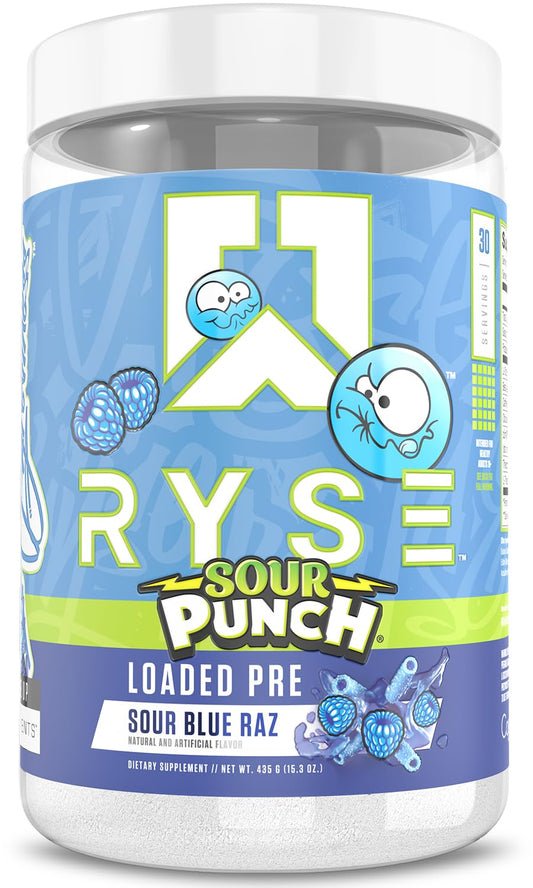 RYSE Loaded pre-workout Sour Punch Blue Raz tub promoting lasting energy and focus.