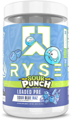 RYSE Loaded pre-workout Sour Punch Blue Raz tub promoting lasting energy and focus.