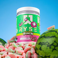 Shaker with RYSE Sour Punch Watermelon showing steady energy