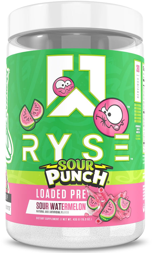 RYSE Loaded Pre Workout Sour Punch Watermelon bottle front for clean energy