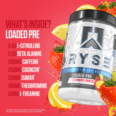RYSE Loaded Pre Workout Strawberry Squeeze bottle-assembly highlights packaging