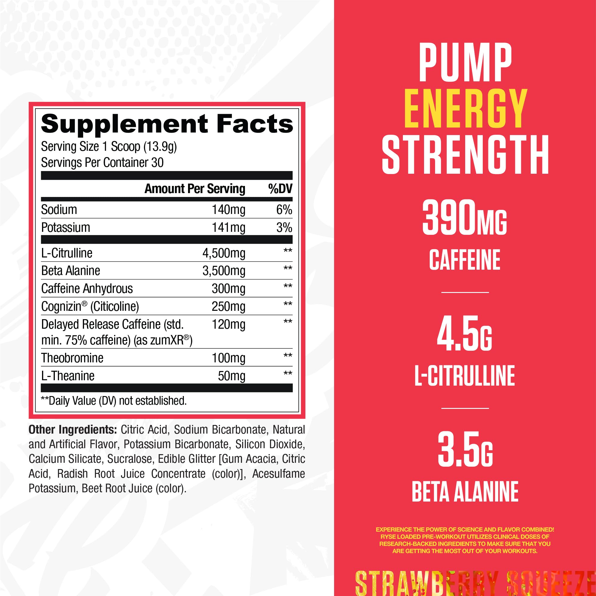 RYSE Loaded Pre Workout Strawberry Squeeze pour shows ready-to-mix energy