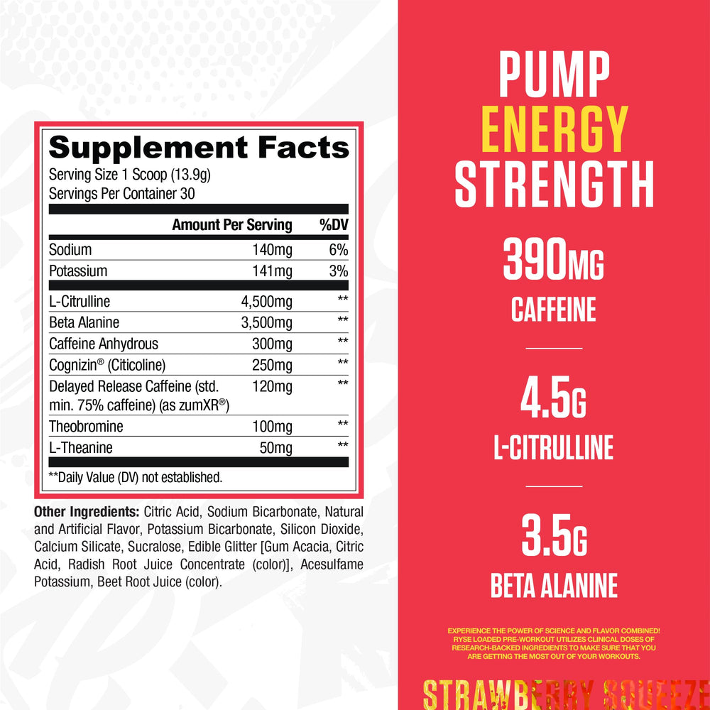 RYSE Loaded Pre Workout Strawberry Squeeze pour shows ready-to-mix energy
