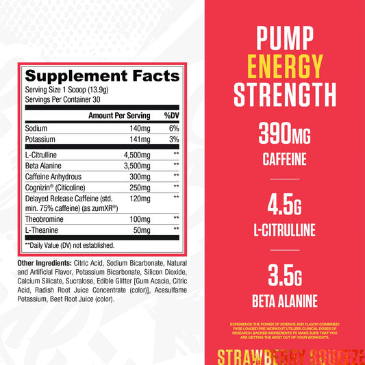 RYSE Loaded Pre Workout Strawberry Squeeze pour shows ready-to-mix energy