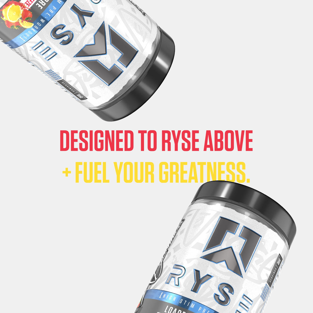 RYSE Loaded Pre Workout Strawberry Squeeze tub closeup emphasizes flavor