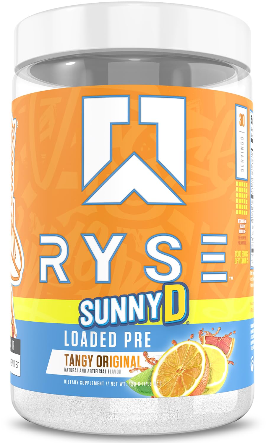 RYSE Loaded Pre Workout SunnyD Tangy Original bottle ready for a high-energy training session
