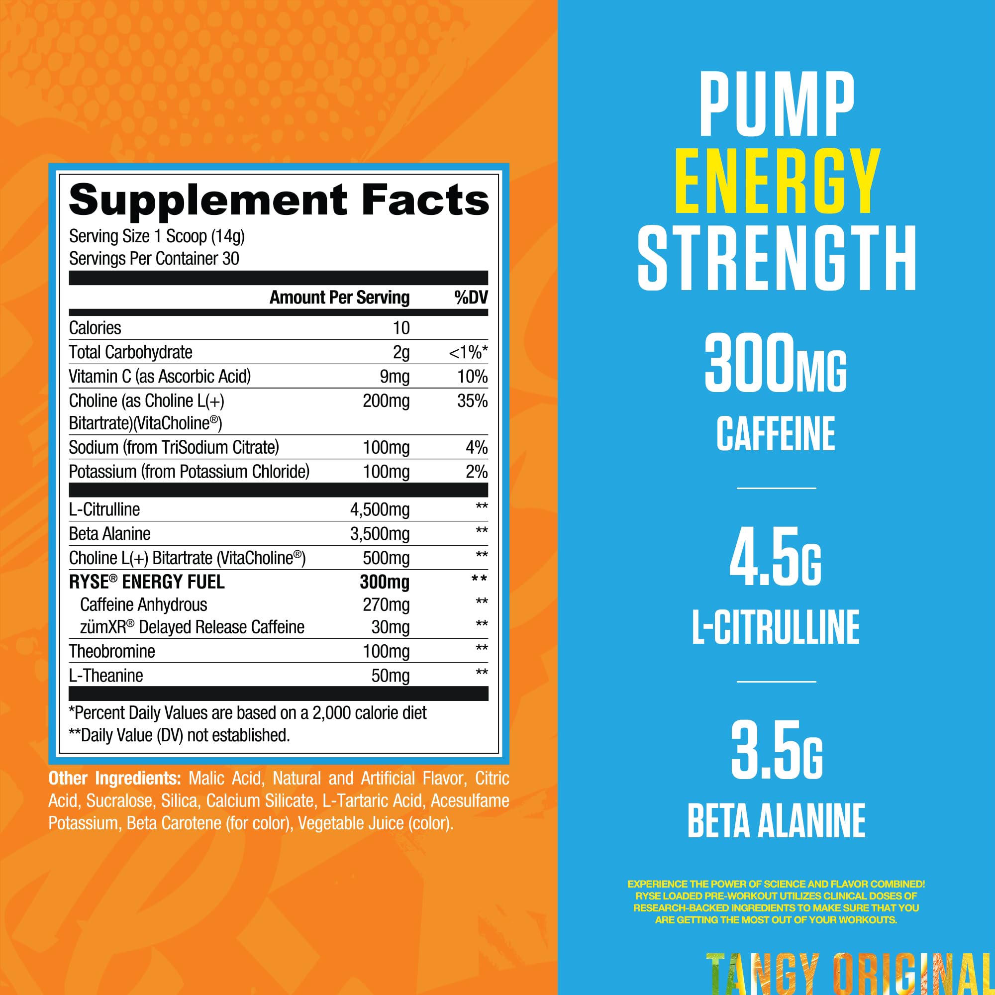 RYSE Loaded Pre Workout SunnyD Tangy Original scoop beside glass, highlighting focus and endurance potential