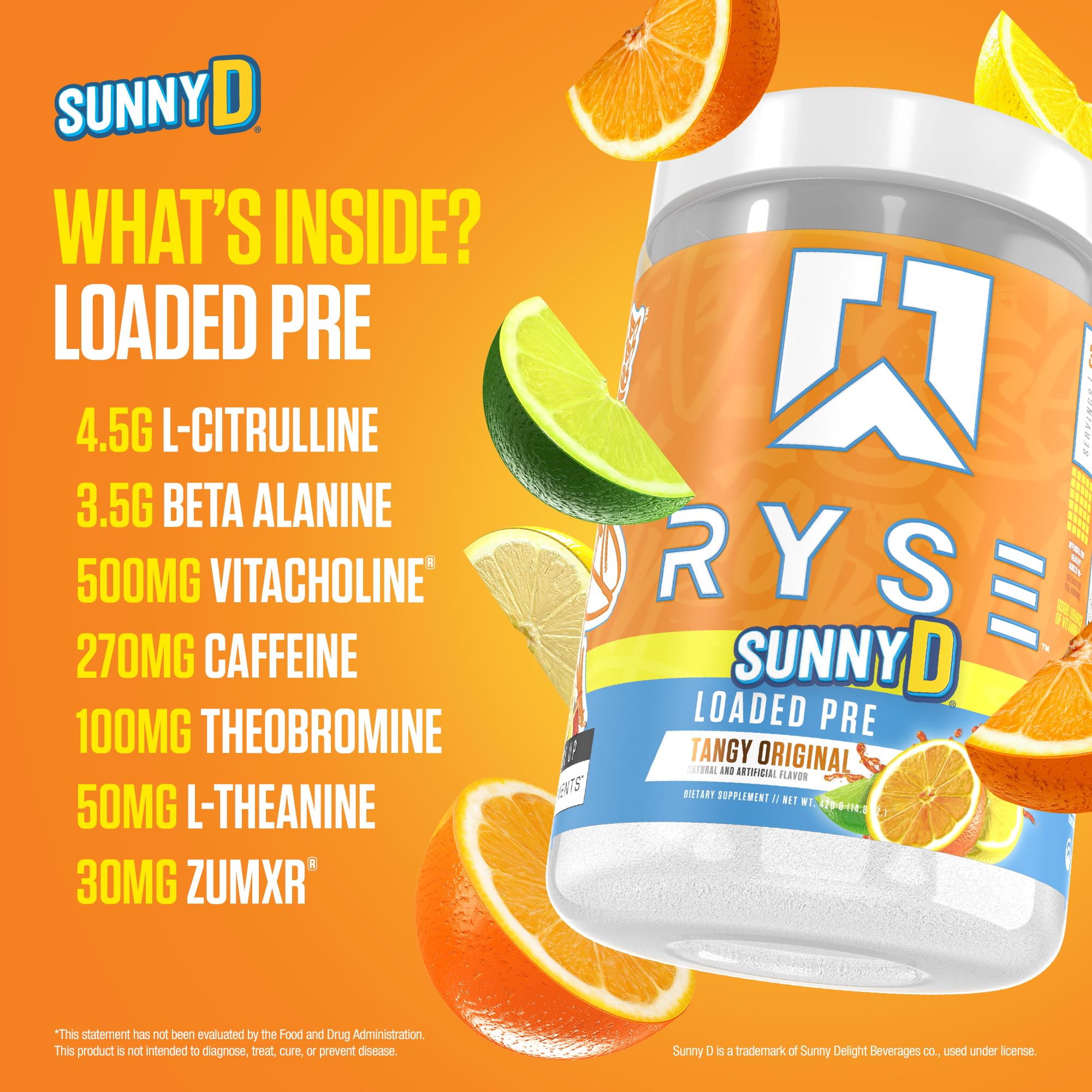 RYSE Loaded Pre Workout SunnyD Tangy Original serving glass with ice, ready to energize workouts