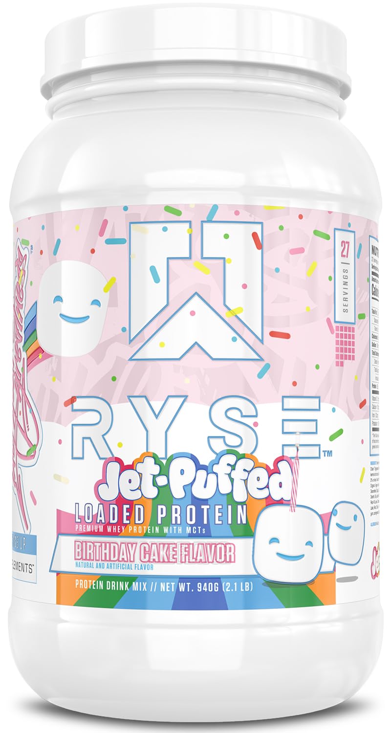 RYSE Loaded Birthday Cake tub showing 25g protein per serving for post-workout recovery