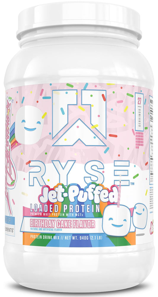 RYSE Loaded Birthday Cake tub showing 25g protein per serving for post-workout recovery