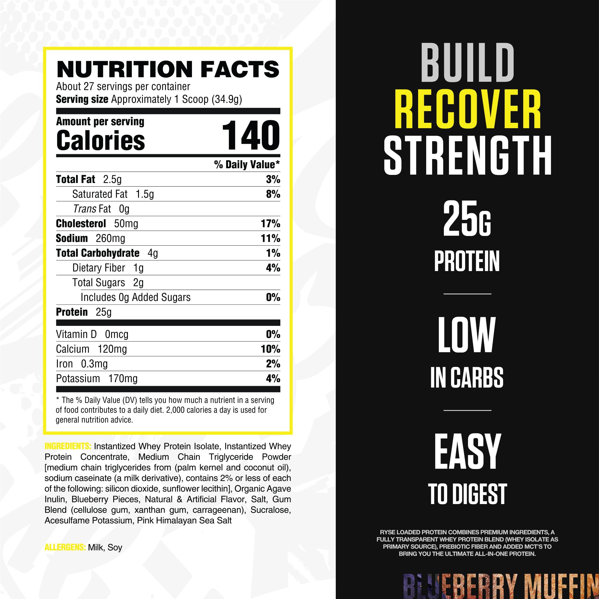 Scoop of RYSE Loaded Protein Blueberry Muffin ready for a smooth shake