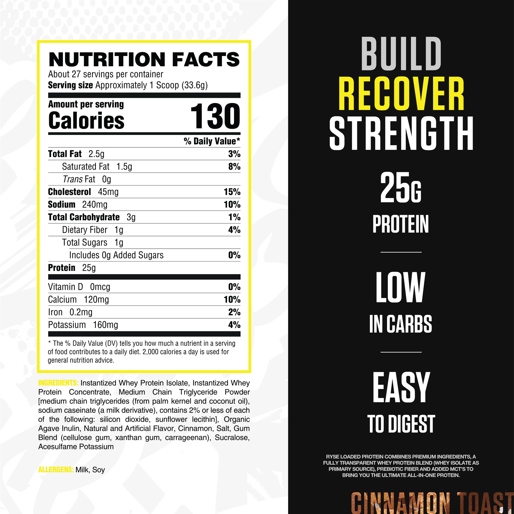 RYSE Up Cinnamon Toast label close-up highlighting protein blend and nutrition facts.