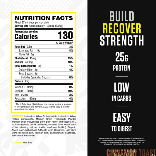 RYSE Up Cinnamon Toast label close-up highlighting protein blend and nutrition facts.