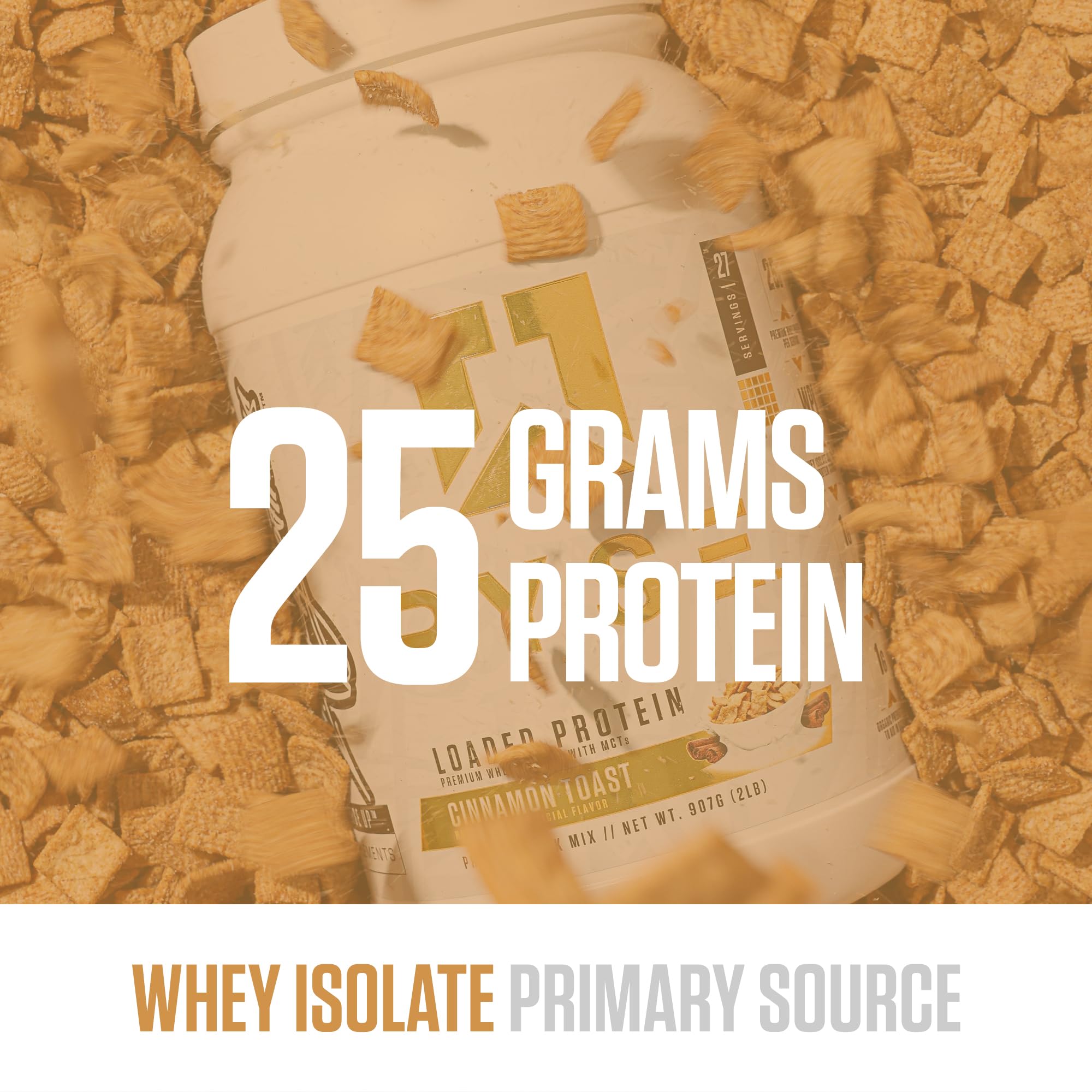 Scoop of cinnamon toast powder from RYSE Loaded protein, convenient post-workout snack.