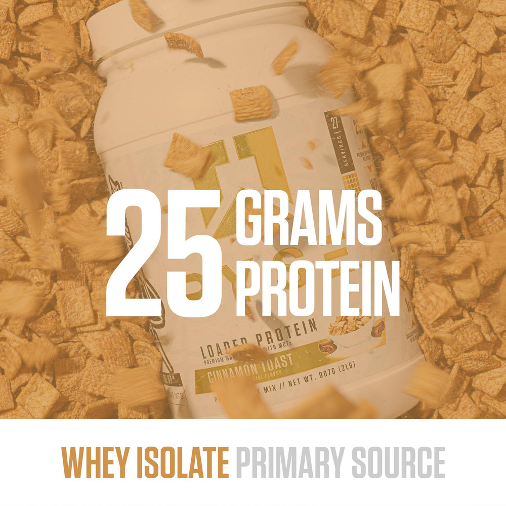 Scoop of cinnamon toast powder from RYSE Loaded protein, convenient post-workout snack.